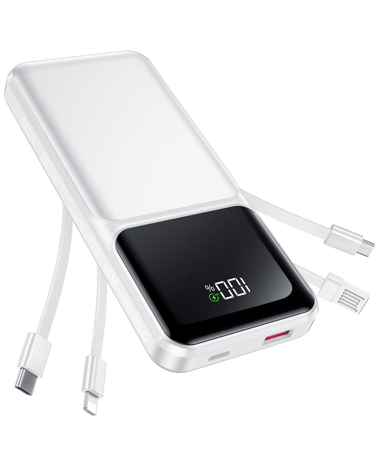 Portable Charger with Built in Cable - 20000mAh Fast Charging 22.5W Slim Power Bank USB C LED Display Travel Battery Pack 5 Outputs & 3 Inputs for iPhone Samsung Android iPad Phones Tablets etc