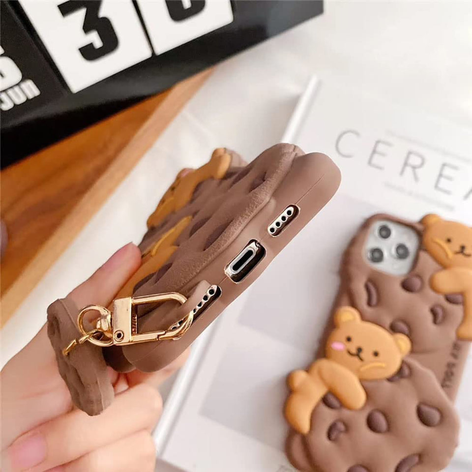 Yatchen for iPhone Case Cookie Bear Kawaii with Strap Lanyard 3D Cartoon Bear