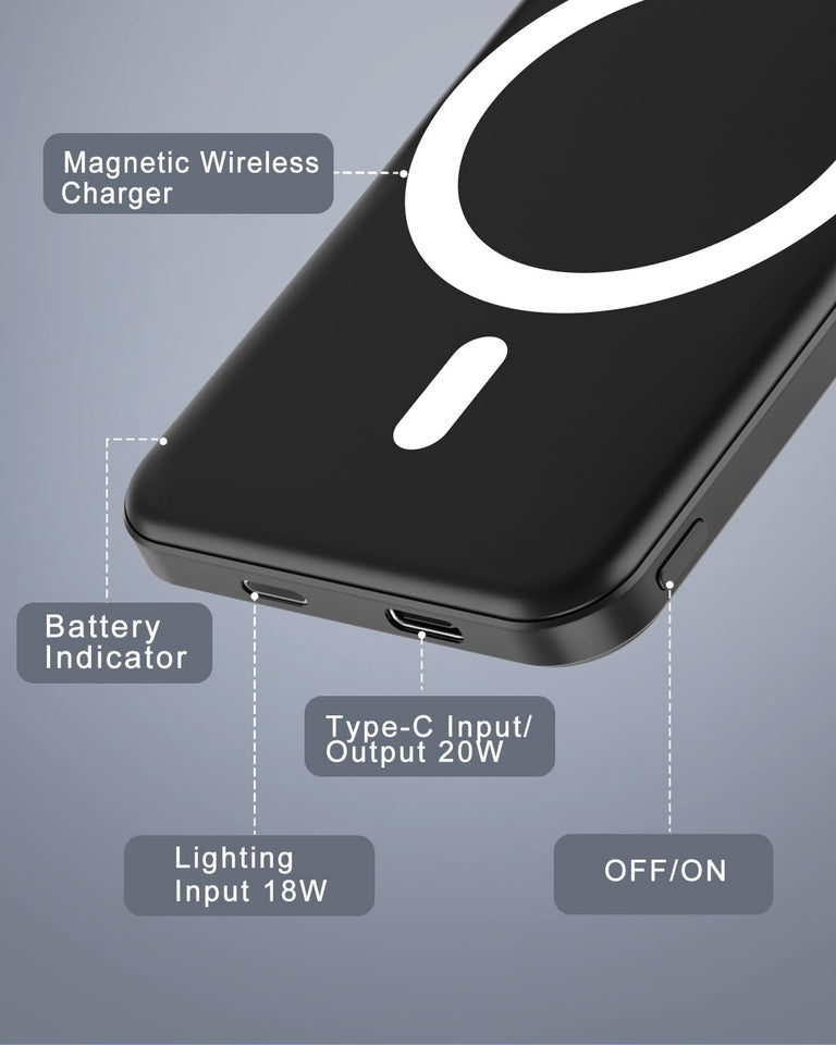 Podoru Mag-Safe Power Bank, Mini 5000mAh Magnetic Battery Pack Power Bank with USB-C Cable 20W Fast Charging Ultra Slim for MagSafe Charger Portable for iPhone 16/15/14/13/12/ All Series-Black