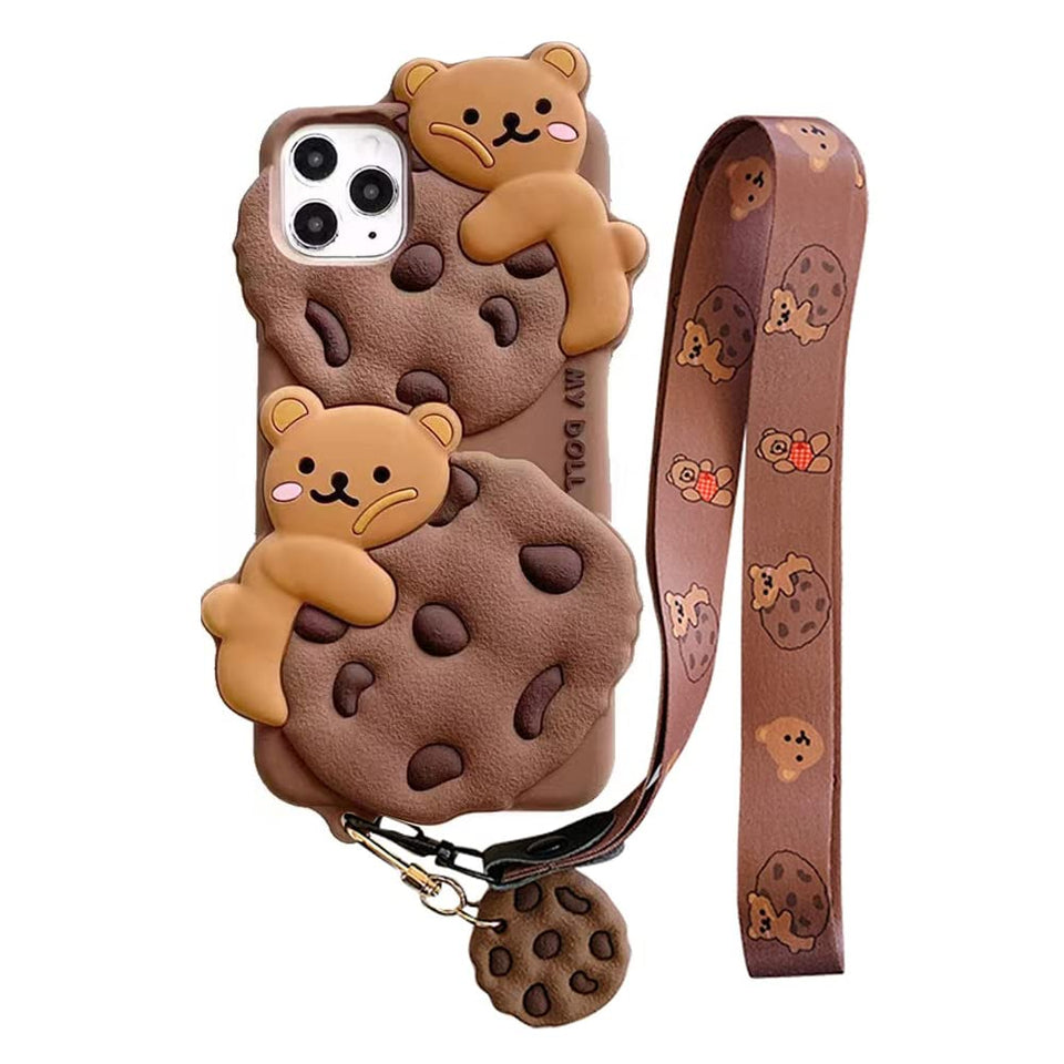 Yatchen for iPhone Case Cookie Bear Kawaii with Strap Lanyard 3D Cartoon Bear