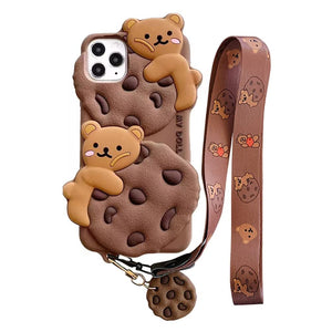 Yatchen for iPhone Case Cookie Bear Kawaii with Strap Lanyard 3D Cartoon Bear
