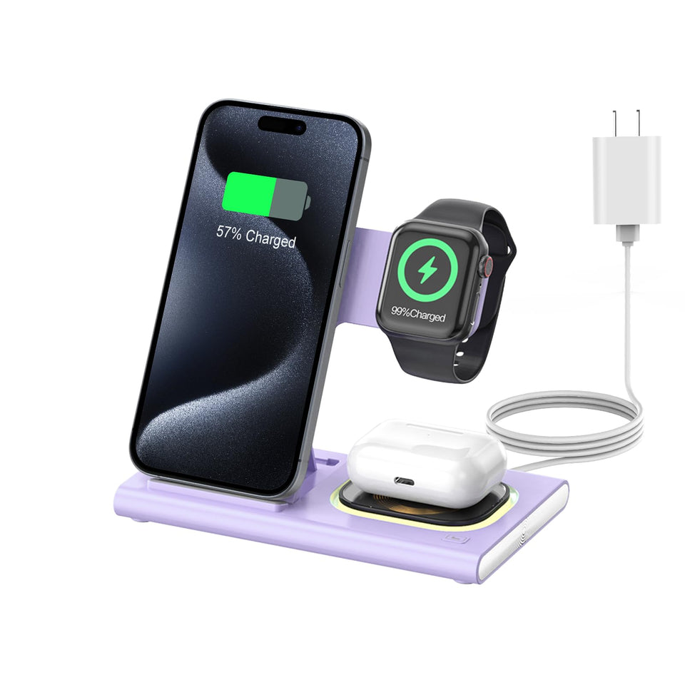 3 in 1 Foldable Charging Station for Apple Wireless Charger for iPhone 16 15 14 13 12 11 Series, Wireless Charging Station with Night Light for Apple Watch Charger for AirPods 4/3/2/Pro/Pro 2 (Black)