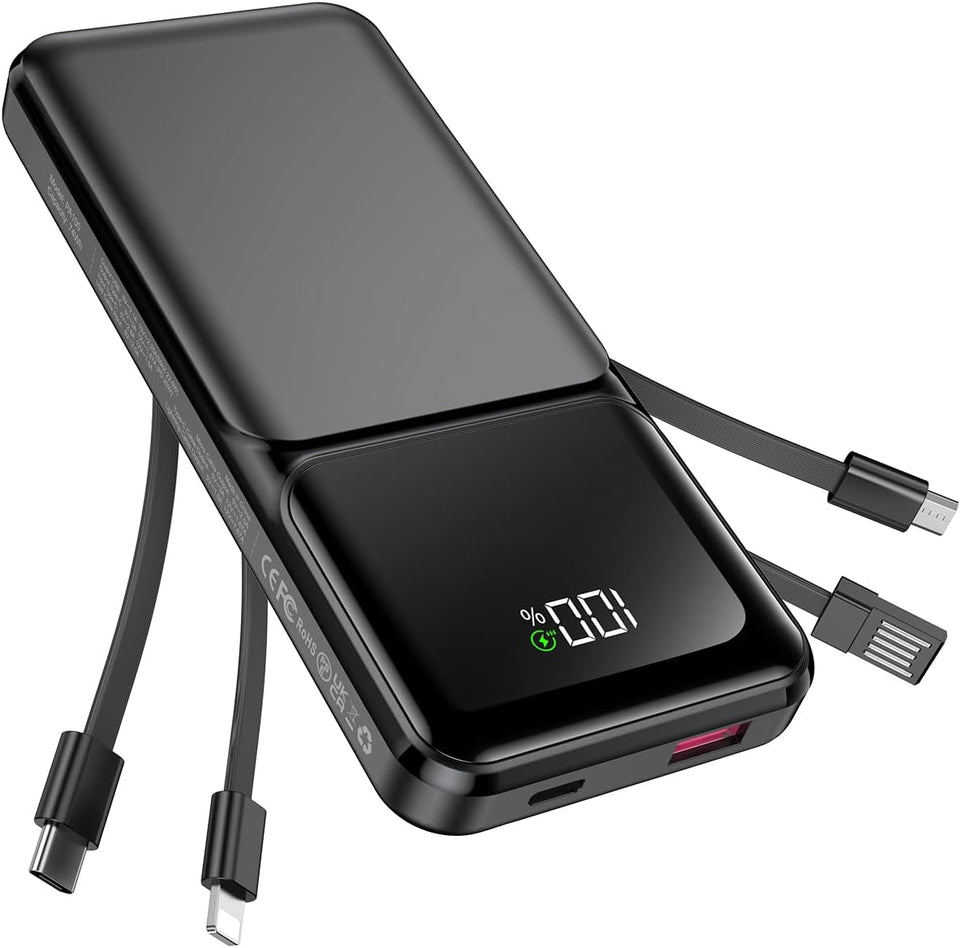 Portable Charger with Built in Cable - 20000mAh Fast Charging 22.5W Slim Power Bank USB C LED Display Travel Battery Pack 5 Outputs & 3 Inputs for iPhone Samsung Android iPad Phones Tablets etc