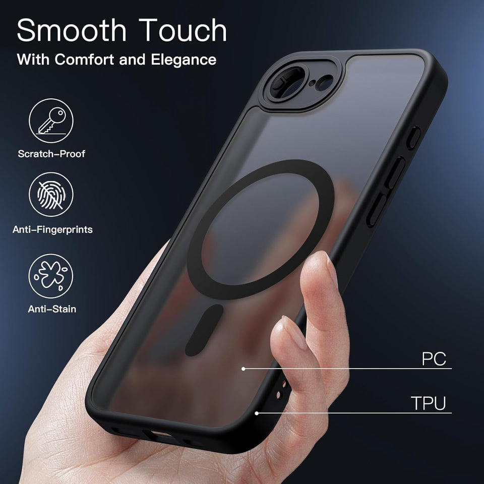 JETech Magnetic Case for iPhone 16e 6.1-Inch 2025 Compatible with MagSafe, Translucent Matte Back Slim Shockproof Phone Cover (Black)