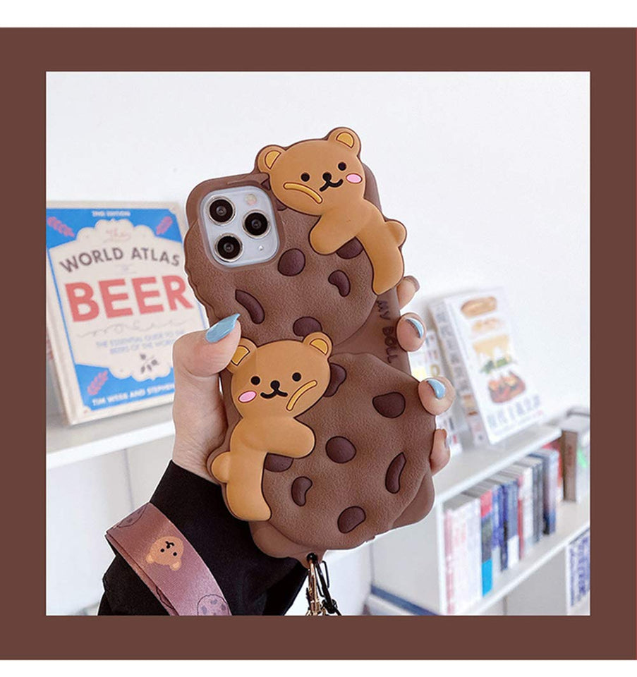 Yatchen for iPhone Case Cookie Bear Kawaii with Strap Lanyard 3D Cartoon Bear