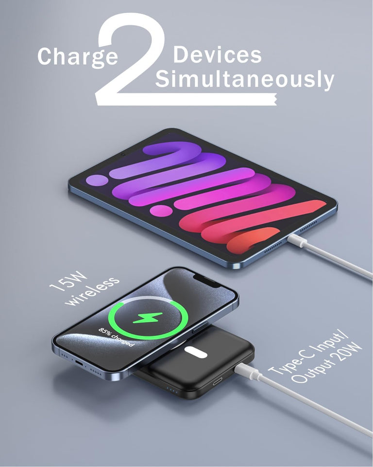 Podoru Mag-Safe Power Bank, Mini 5000mAh Magnetic Battery Pack Power Bank with USB-C Cable 20W Fast Charging Ultra Slim for MagSafe Charger Portable for iPhone 16/15/14/13/12/ All Series-Black
