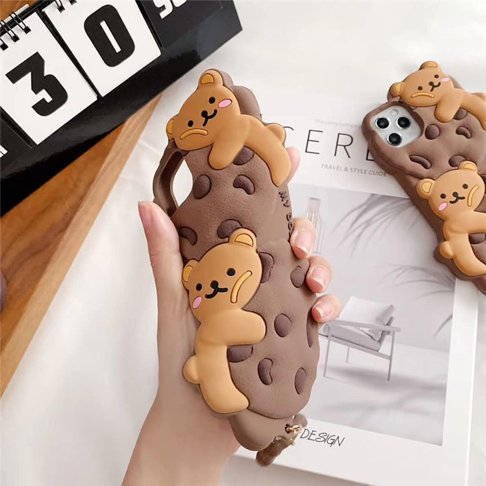 Yatchen for iPhone Case Cookie Bear Kawaii with Strap Lanyard 3D Cartoon Bear