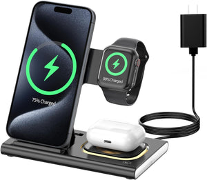 3 in 1 Foldable Charging Station for Apple Wireless Charger for iPhone 16 15 14 13 12 11 Series, Wireless Charging Station with Night Light for Apple Watch Charger for AirPods 4/3/2/Pro/Pro 2 (Black)