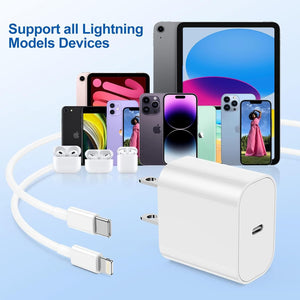 Wall Charger Block with 2 Pack USB C to Lightning Cables for iPhone