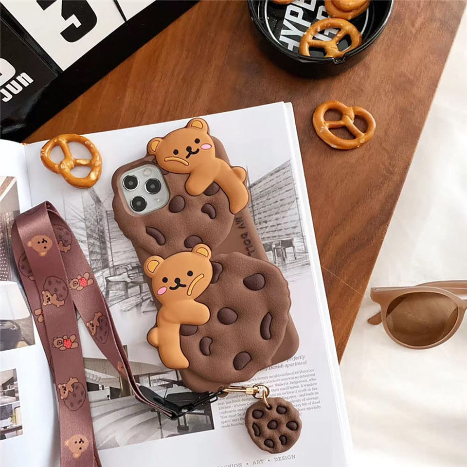 Yatchen for iPhone Case Cookie Bear Kawaii with Strap Lanyard 3D Cartoon Bear