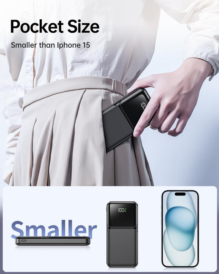 Portable Charger with Built in Cable - 20000mAh Fast Charging 22.5W Slim Power Bank USB C LED Display Travel Battery Pack 5 Outputs & 3 Inputs for iPhone Samsung Android iPad Phones Tablets etc
