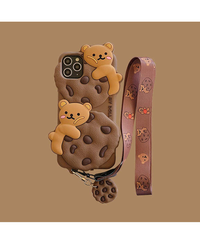 Yatchen for iPhone Case Cookie Bear Kawaii with Strap Lanyard 3D Cartoon Bear
