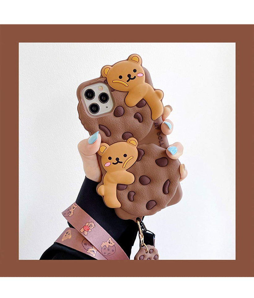 Yatchen for iPhone Case Cookie Bear Kawaii with Strap Lanyard 3D Cartoon Bear