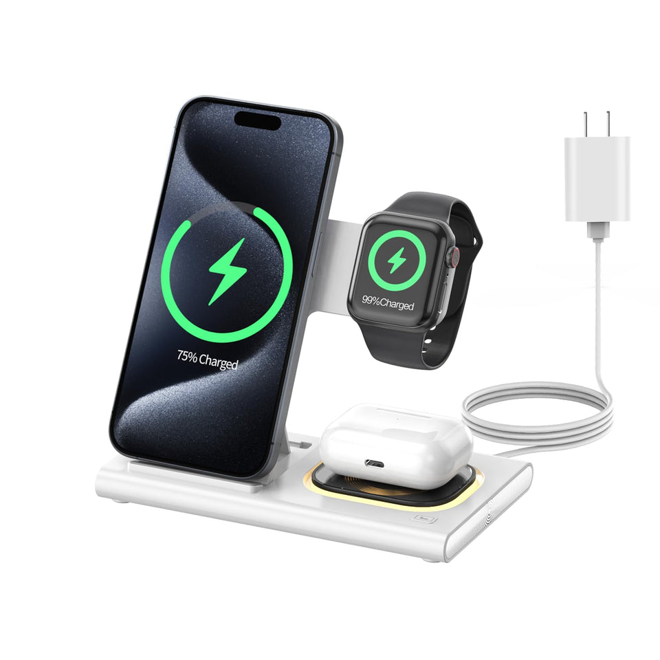 3 in 1 Foldable Charging Station for Apple Wireless Charger for iPhone 16 15 14 13 12 11 Series, Wireless Charging Station with Night Light for Apple Watch Charger for AirPods 4/3/2/Pro/Pro 2 (Black)