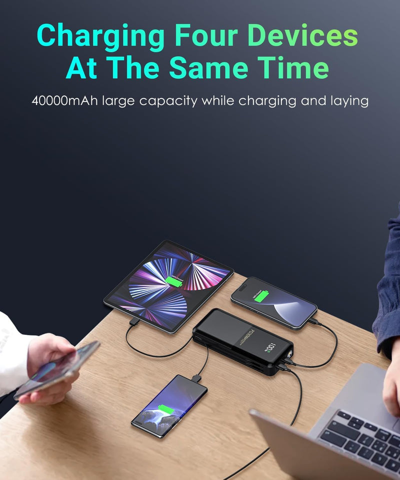 Power-Bank-Portable-Phone-Charger - 40000mAh Power Bank PD30W Fast Charger Built-in 2 Detachable Output Cables, Flashlight and LED Display for iPhone and Android Phones and Most Electronic Devices