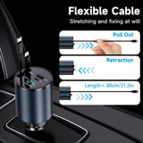 Retractable Car Charger, 4 in 1 Fast Car Phone Charger 60W for iPhone and USB C Car Charger, 2 Retractable Cables and 2 USB Charging Ports (USB C+Lightning Retractable Cords)
