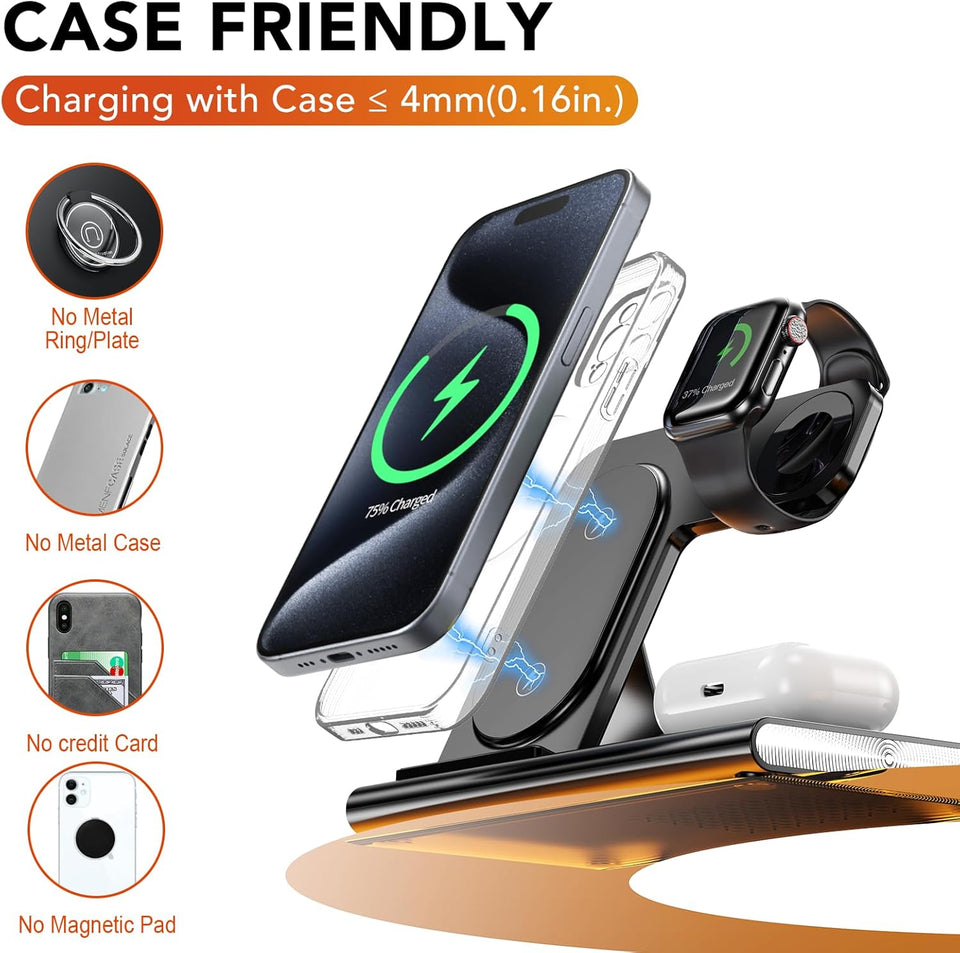 3 in 1 Foldable Charging Station for Apple Wireless Charger for iPhone 16 15 14 13 12 11 Series, Wireless Charging Station with Night Light for Apple Watch Charger for AirPods 4/3/2/Pro/Pro 2 (Black)