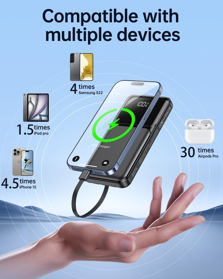 Portable Charger with Built in Cable - 20000mAh Fast Charging 22.5W Slim Power Bank USB C LED Display Travel Battery Pack 5 Outputs & 3 Inputs for iPhone Samsung Android iPad Phones Tablets etc