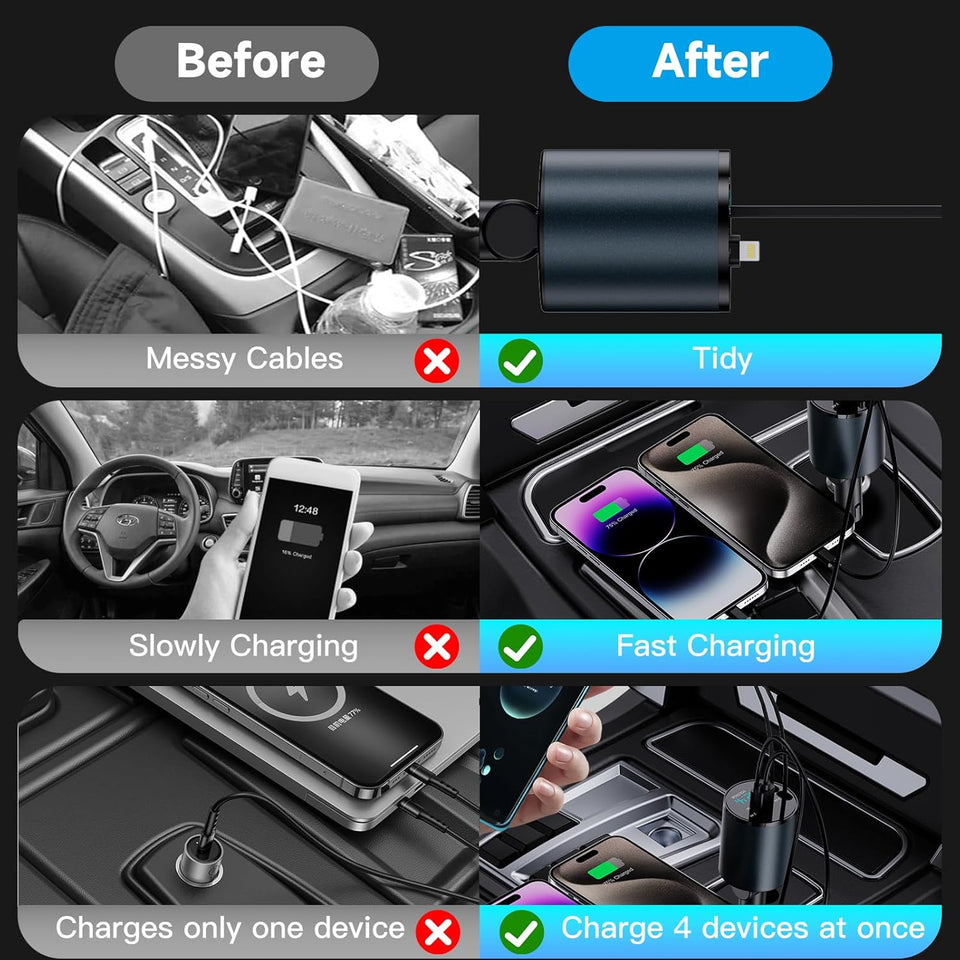 Retractable Car Charger, 4 in 1 Fast Car Phone Charger 60W for iPhone and USB C Car Charger, 2 Retractable Cables and 2 USB Charging Ports (USB C+Lightning Retractable Cords)