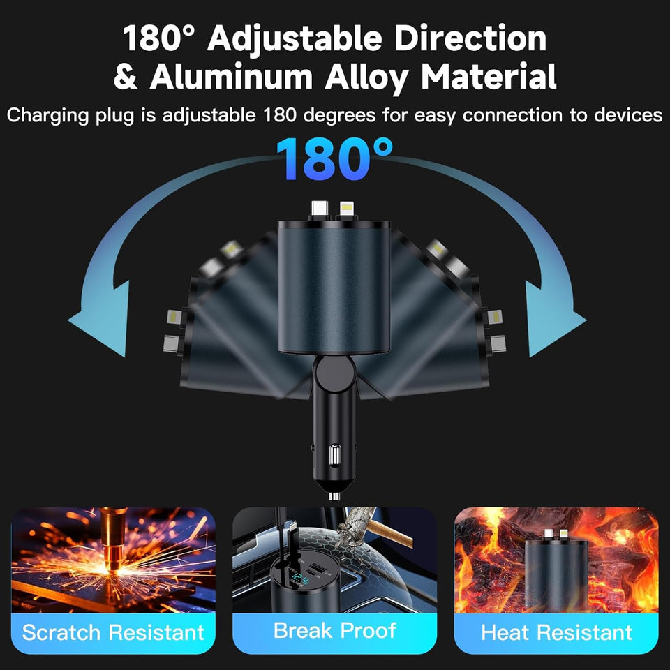 Retractable Car Charger, 4 in 1 Fast Car Phone Charger 60W for iPhone and USB C Car Charger, 2 Retractable Cables and 2 USB Charging Ports (USB C+Lightning Retractable Cords)