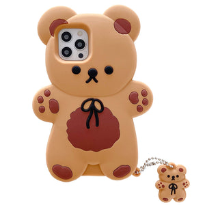 3D iPhone Cute Cartoon Bear Phone Case with Keychain Teddy Bear