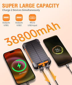 Solar Power Bank 38800mAh Portable Solar Charger 3 Ports Power Bank External Batteries 3 Solar Panels with Flashlight Light/SOS/Strobe (Orange, 38800mAh)