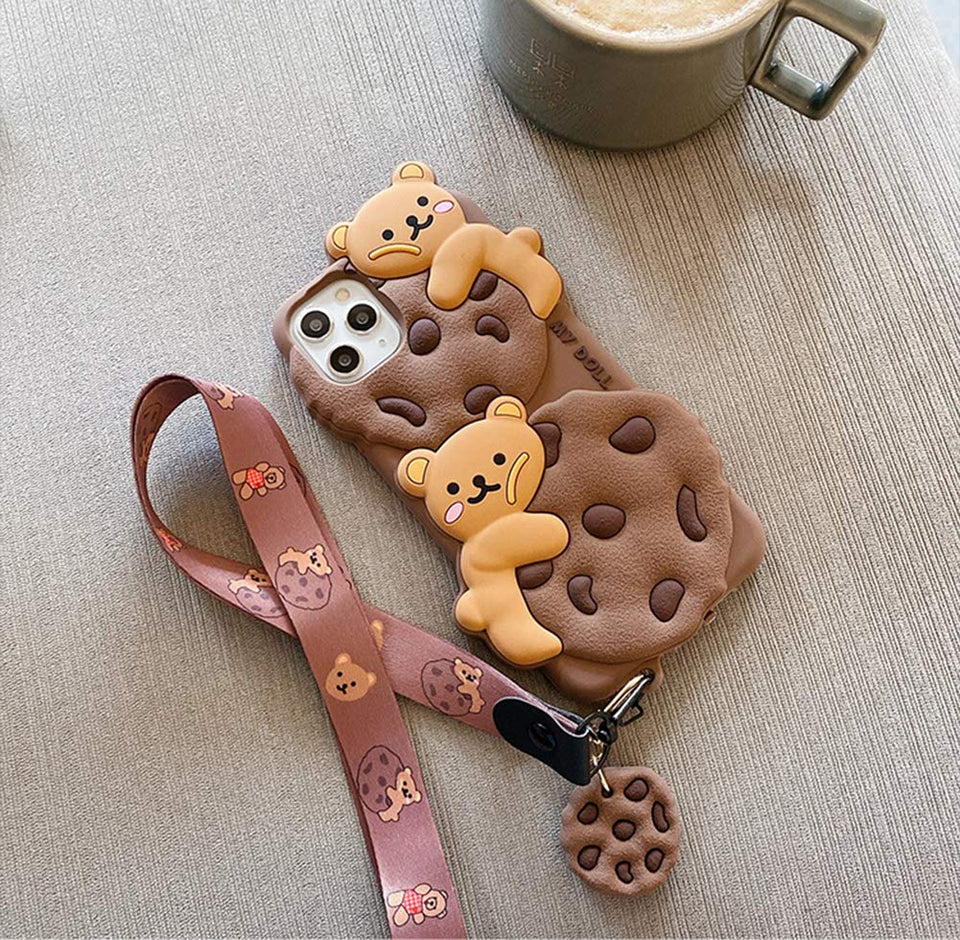 Yatchen for iPhone Case Cookie Bear Kawaii with Strap Lanyard 3D Cartoon Bear