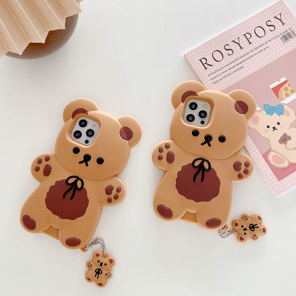 3D iPhone Cute Cartoon Bear Phone Case with Keychain Teddy Bear