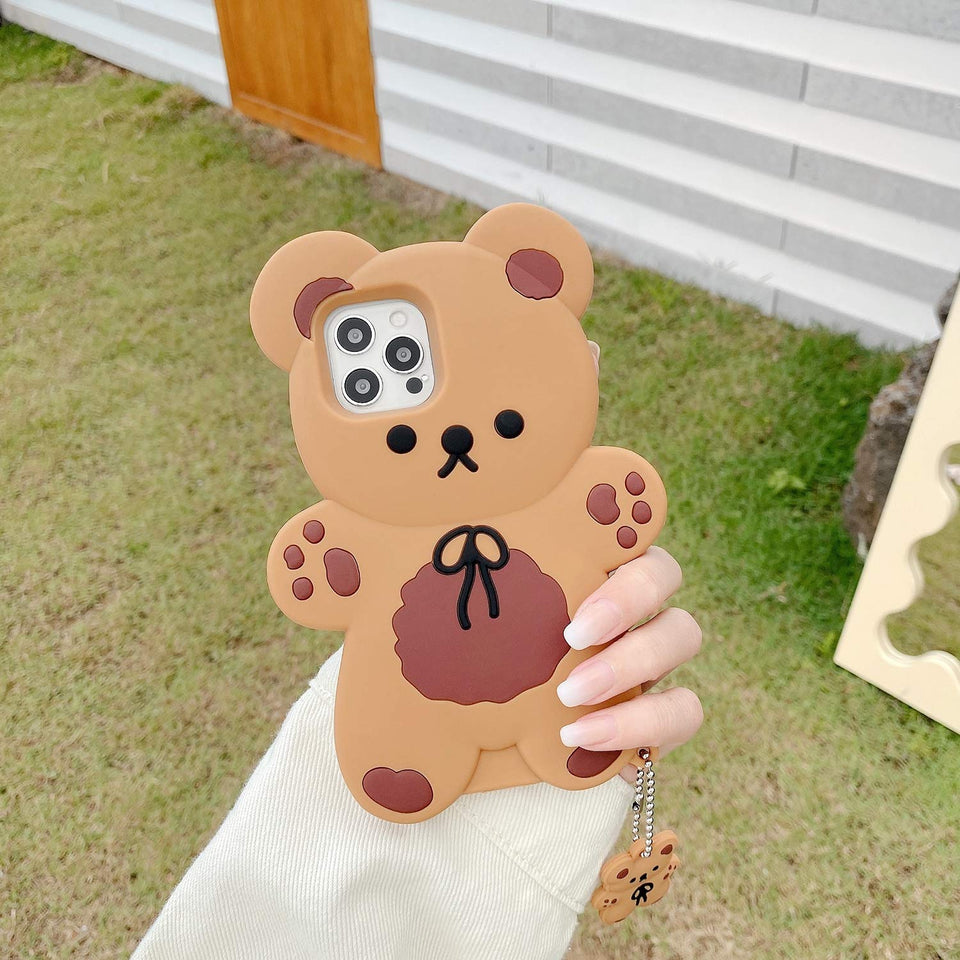3D iPhone Cute Cartoon Bear Phone Case with Keychain Teddy Bear