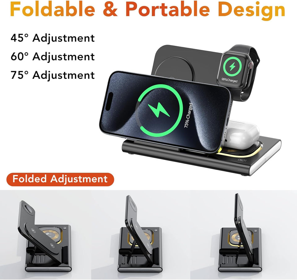 3 in 1 Foldable Charging Station for Apple Wireless Charger for iPhone 16 15 14 13 12 11 Series, Wireless Charging Station with Night Light for Apple Watch Charger for AirPods 4/3/2/Pro/Pro 2 (Black)