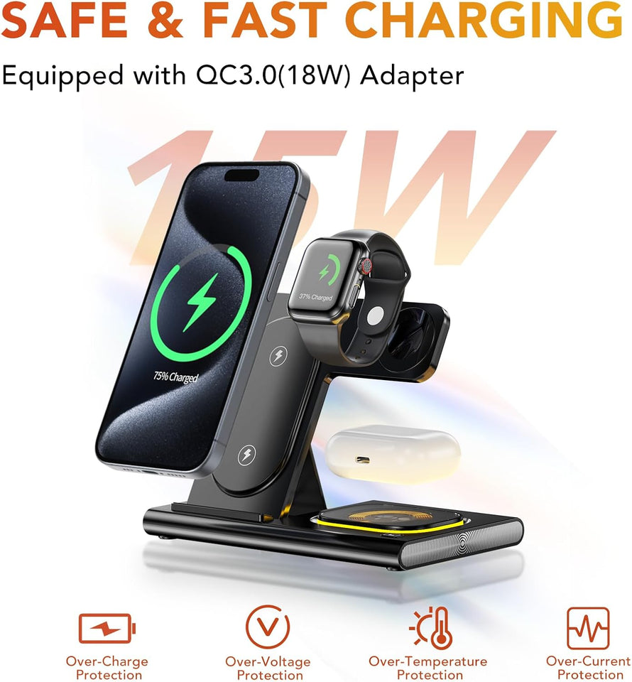 3 in 1 Foldable Charging Station for Apple Wireless Charger for iPhone 16 15 14 13 12 11 Series, Wireless Charging Station with Night Light for Apple Watch Charger for AirPods 4/3/2/Pro/Pro 2 (Black)