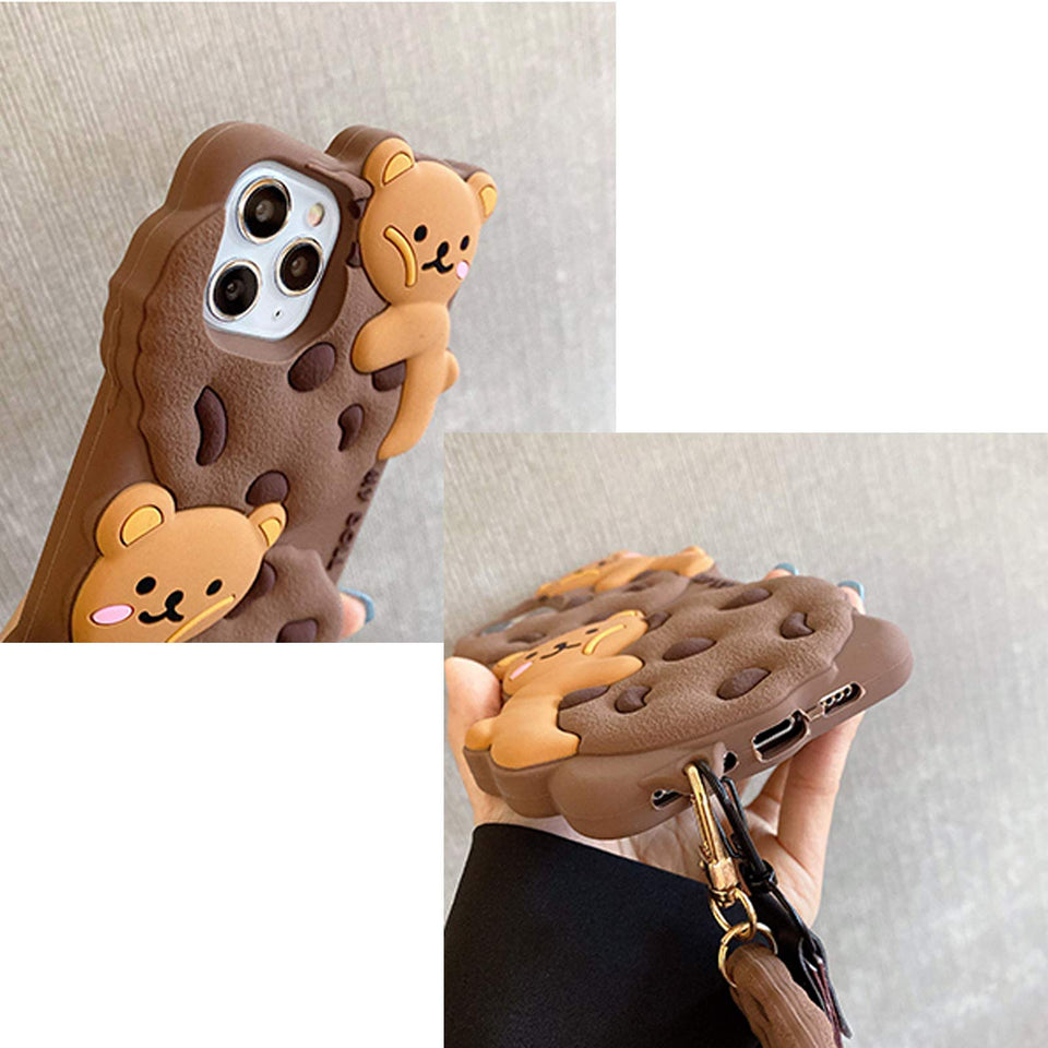 Yatchen for iPhone Case Cookie Bear Kawaii with Strap Lanyard 3D Cartoon Bear