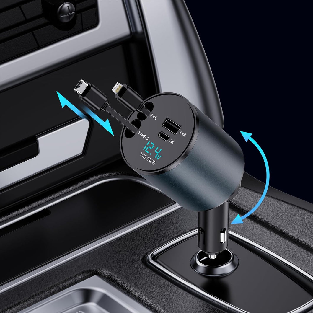 Retractable Car Charger, 4 in 1 Fast Car Phone Charger 60W for iPhone and USB C Car Charger, 2 Retractable Cables and 2 USB Charging Ports (USB C+Lightning Retractable Cords)