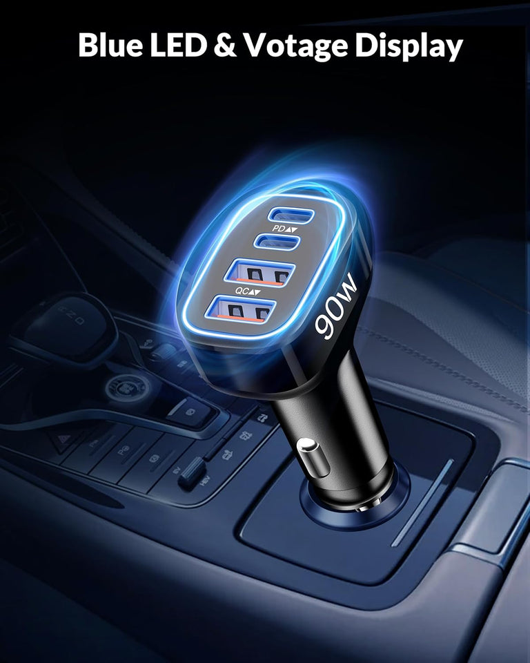 USB C Car Charger, 4-Port 90W Super Fast Car Phone Charger Accessories Dual 45W USB-C & USB-A Cargador Carro Adapter Cigarette Lighter for iPhone 16e 16 15 14 13 12, Samsung S25 S24, Tablet, Android