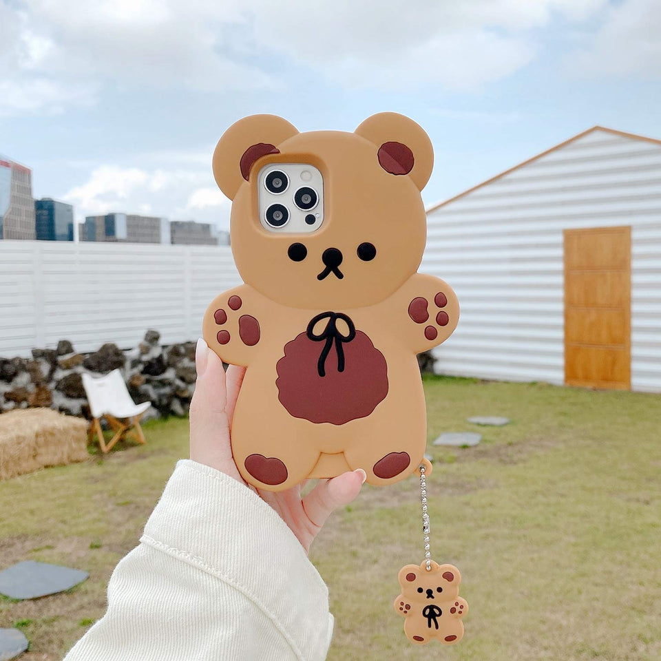 3D iPhone Cute Cartoon Bear Phone Case with Keychain Teddy Bear