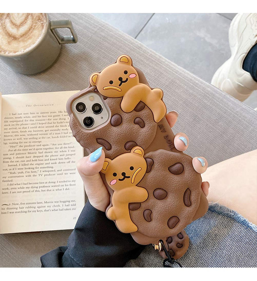 Yatchen for iPhone Case Cookie Bear Kawaii with Strap Lanyard 3D Cartoon Bear