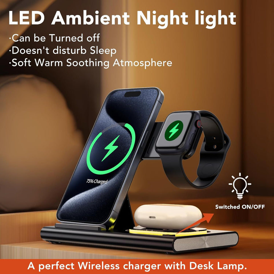 3 in 1 Foldable Charging Station for Apple Wireless Charger for iPhone 16 15 14 13 12 11 Series, Wireless Charging Station with Night Light for Apple Watch Charger for AirPods 4/3/2/Pro/Pro 2 (Black)