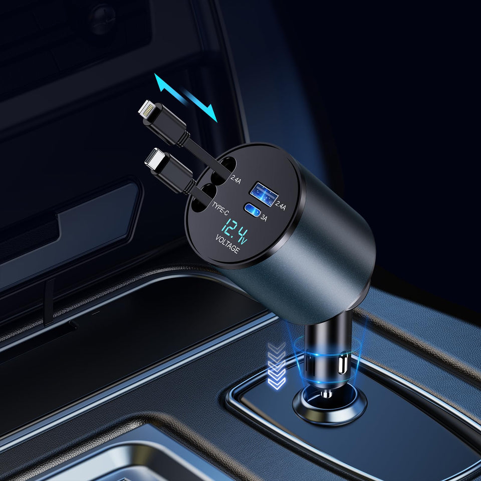Retractable Car Charger, 4 in 1 Fast Car Phone Charger 60W for iPhone and USB C Car Charger, 2 Retractable Cables and 2 USB Charging Ports (USB C+Lightning Retractable Cords)
