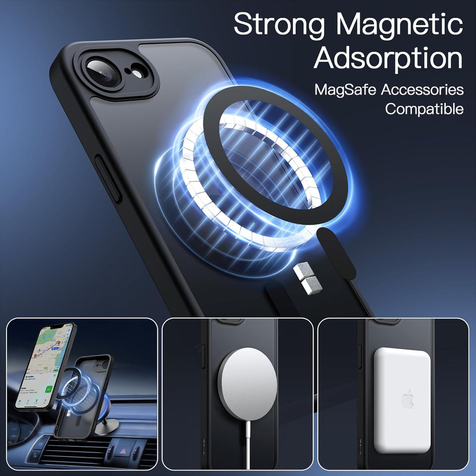 JETech Magnetic Case for iPhone 16e 6.1-Inch 2025 Compatible with MagSafe, Translucent Matte Back Slim Shockproof Phone Cover (Black)