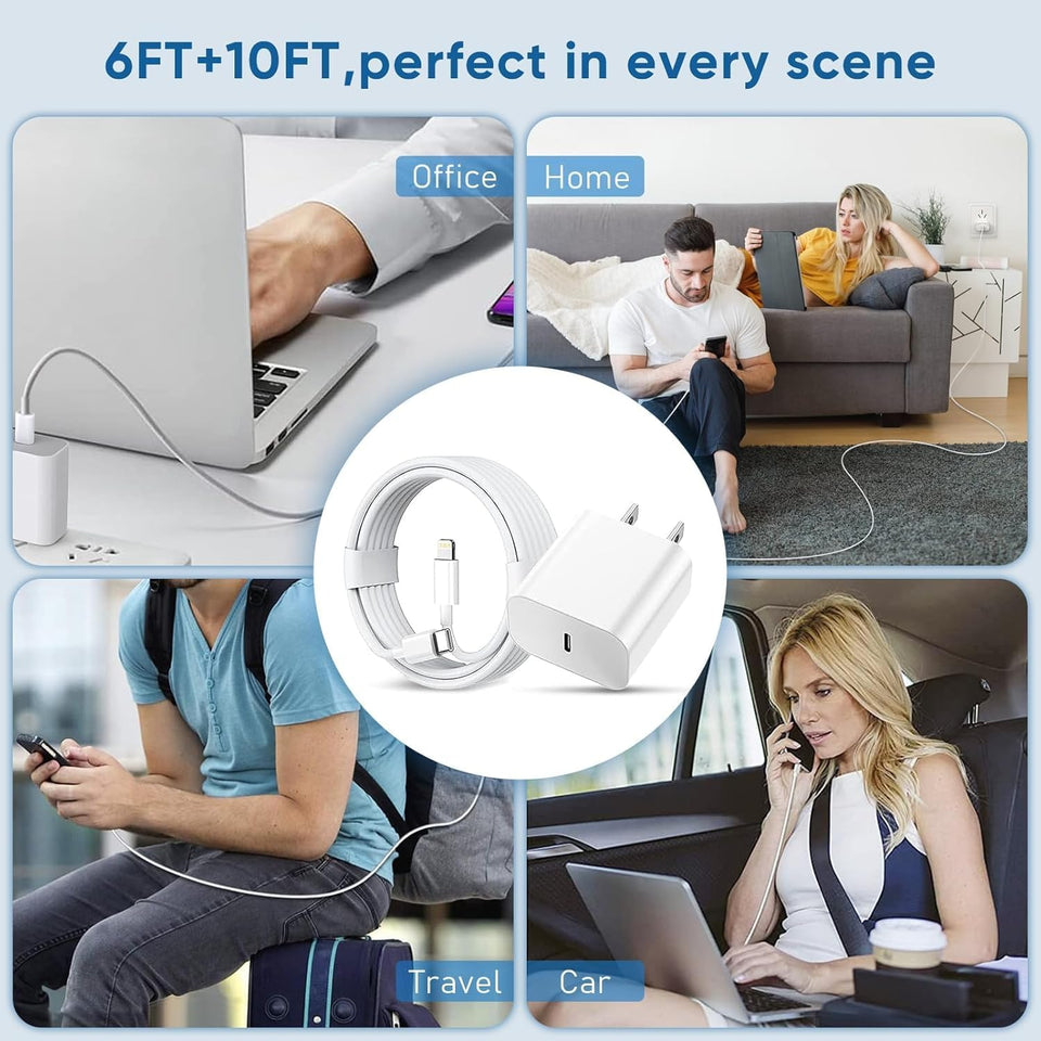 Wall Charger Block with 2 Pack USB C to Lightning Cables for iPhone