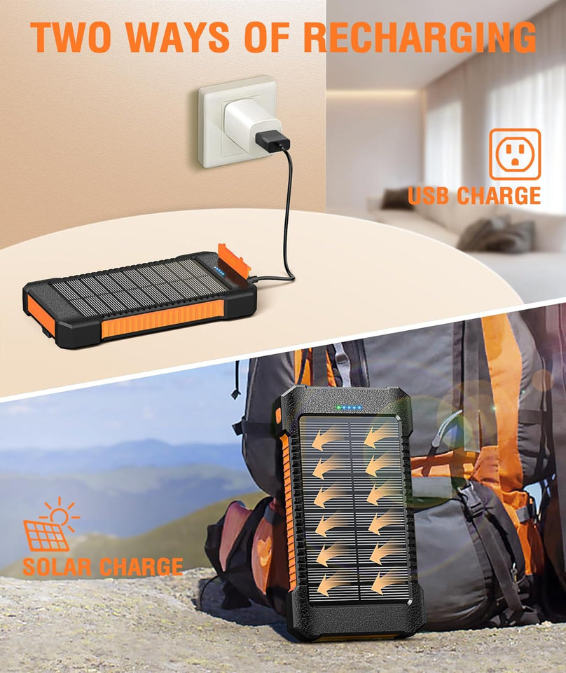 Solar Power Bank 38800mAh Portable Solar Charger 3 Ports Power Bank External Batteries 3 Solar Panels with Flashlight Light/SOS/Strobe (Orange, 38800mAh)