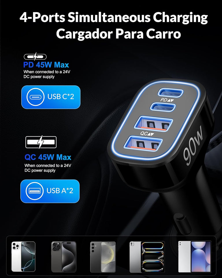 USB C Car Charger, 4-Port 90W Super Fast Car Phone Charger Accessories Dual 45W USB-C & USB-A Cargador Carro Adapter Cigarette Lighter for iPhone 16e 16 15 14 13 12, Samsung S25 S24, Tablet, Android