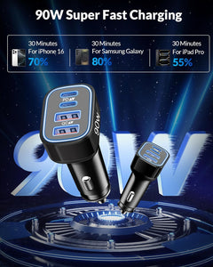 USB C Car Charger, 4-Port 90W Super Fast Car Phone Charger Accessories Dual 45W USB-C & USB-A Cargador Carro Adapter Cigarette Lighter for iPhone 16e 16 15 14 13 12, Samsung S25 S24, Tablet, Android