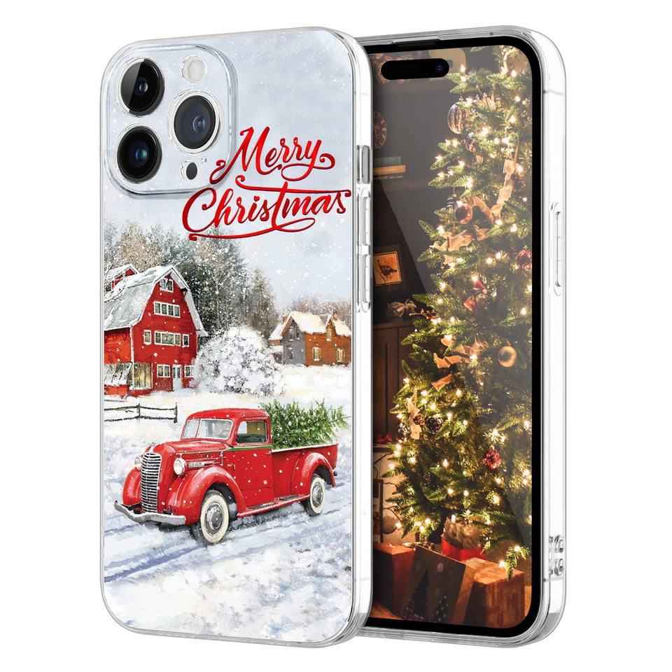 Newseego for iPhone 14 Christmas Case, Shockproof Anti-Yellow Hard PC + TPU Bumper Protective Cover Phone Case for Girls Children Cute Merry Case for iPhone 14-Red Car