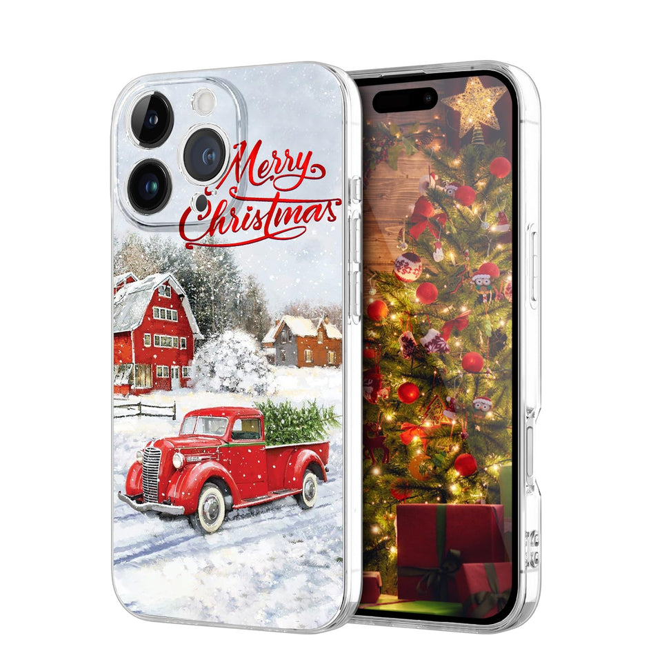 Newseego for iPhone 14 Christmas Case, Shockproof Anti-Yellow Hard PC + TPU Bumper Protective Cover Phone Case for Girls Children Cute Merry Case for iPhone 14-Red Car