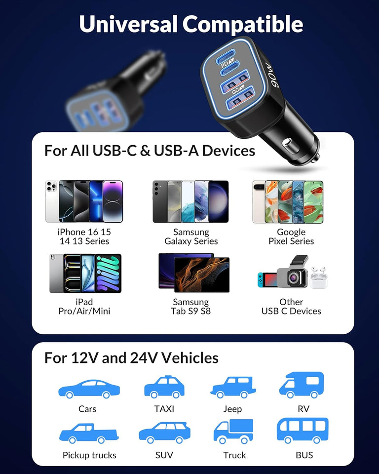 USB C Car Charger, 4-Port 90W Super Fast Car Phone Charger Accessories Dual 45W USB-C & USB-A Cargador Carro Adapter Cigarette Lighter for iPhone 16e 16 15 14 13 12, Samsung S25 S24, Tablet, Android