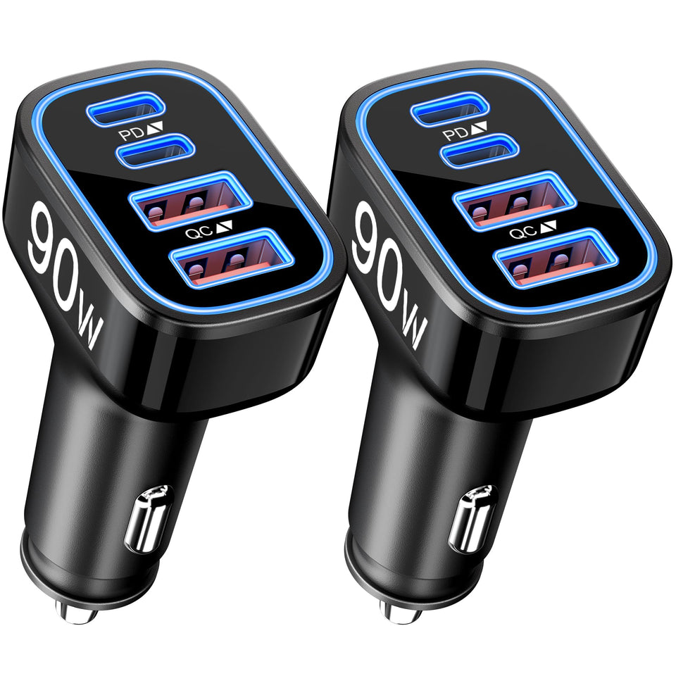 USB C Car Charger, 4-Port 90W Super Fast Car Phone Charger Accessories Dual 45W USB-C & USB-A Cargador Carro Adapter Cigarette Lighter for iPhone 16e 16 15 14 13 12, Samsung S25 S24, Tablet, Android