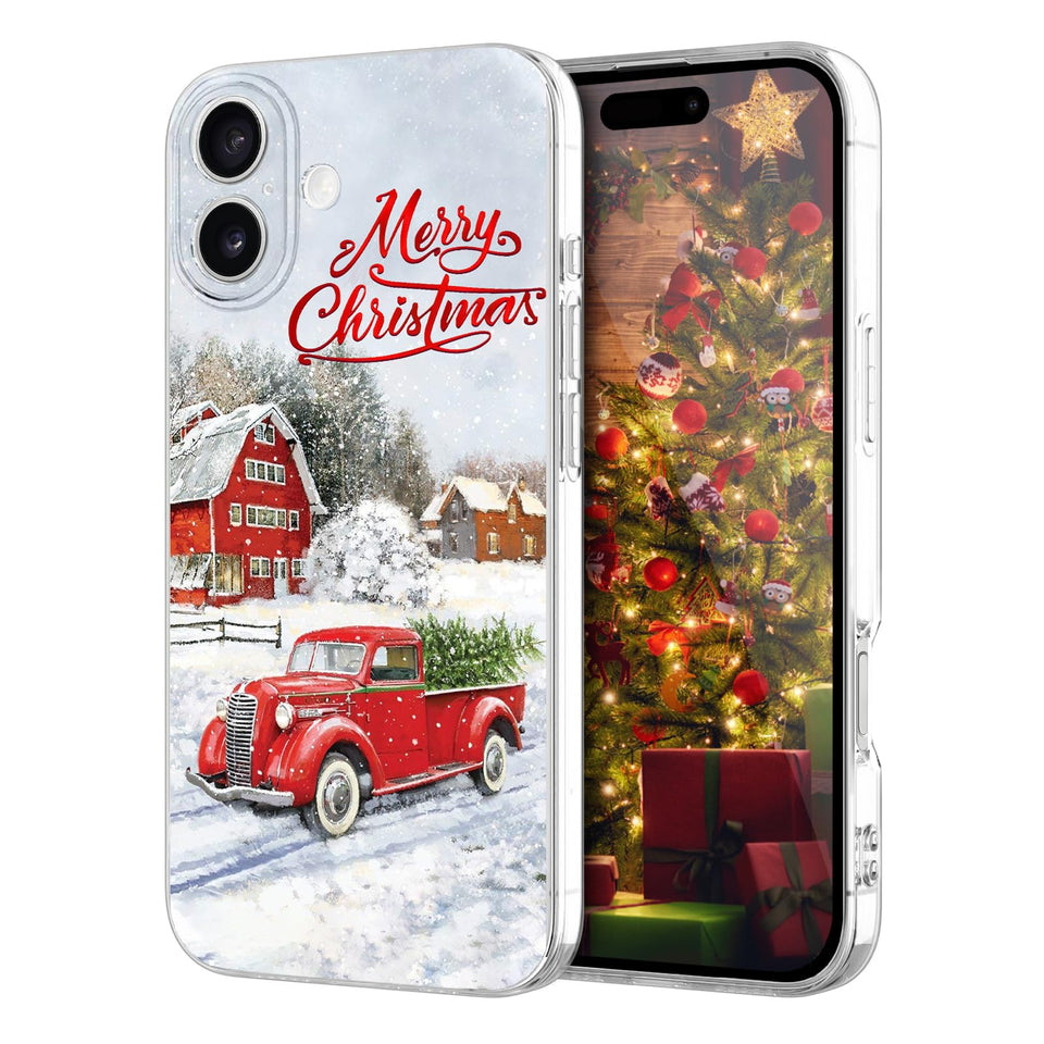 Newseego for iPhone 14 Christmas Case, Shockproof Anti-Yellow Hard PC + TPU Bumper Protective Cover Phone Case for Girls Children Cute Merry Case for iPhone 14-Red Car