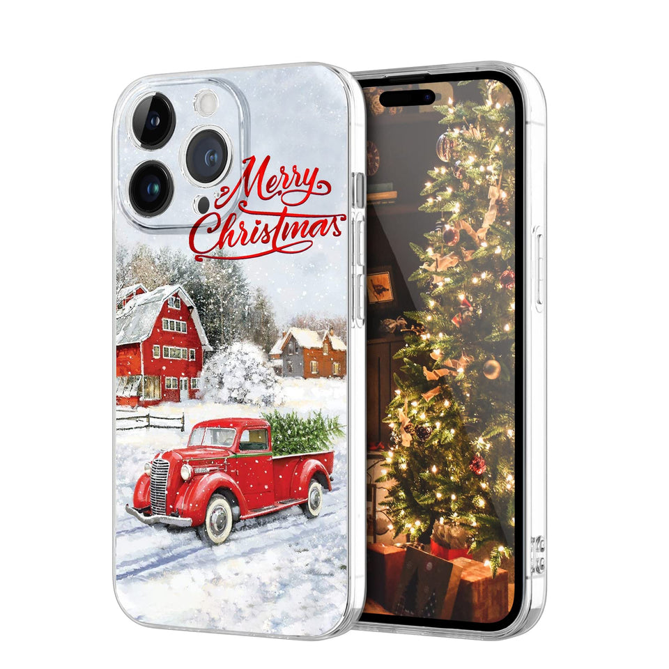 Newseego for iPhone 14 Christmas Case, Shockproof Anti-Yellow Hard PC + TPU Bumper Protective Cover Phone Case for Girls Children Cute Merry Case for iPhone 14-Red Car