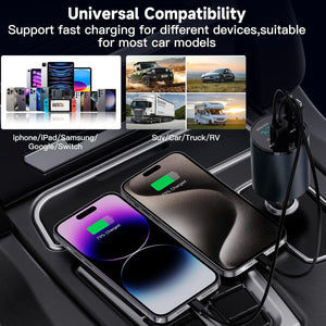 Retractable Car Charger, 4 in 1 Fast Car Phone Charger 60W for iPhone and USB C Car Charger, 2 Retractable Cables and 2 USB Charging Ports (USB C+Lightning Retractable Cords)